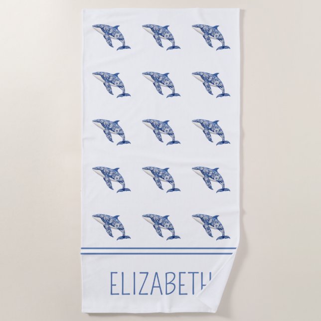 Blue Toile Floral Beach Dolphin Personalized Towel (Front)