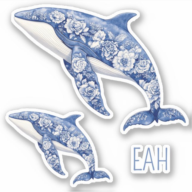 Blue Toile Floral Beach Dolphins Monogram Sticker (Front)