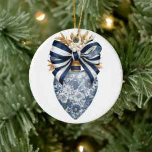 Blue Toile Floral Heart Navy Stripe Bow Ceramic Ornament