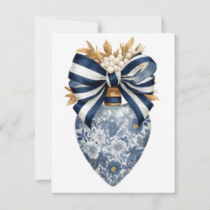 Blue Toile Floral Heart Navy Stripe Bow Holiday Card