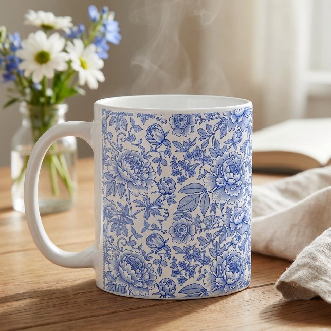 Blue Toile Floral Pattern Classic Botanical Coffee Mug (Creator Uploaded)