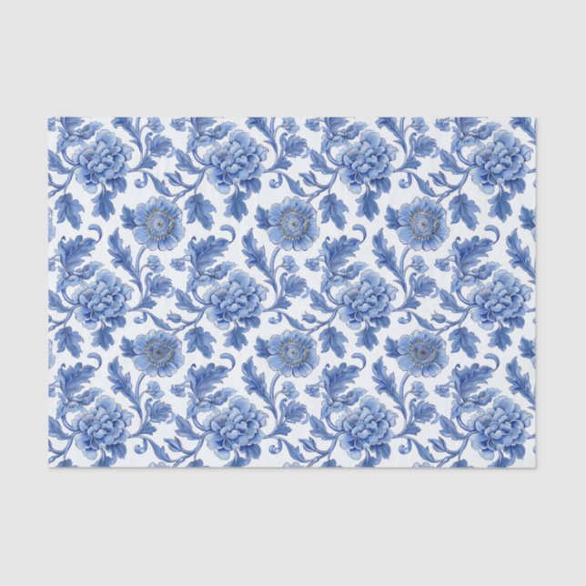 Blue Toile Floral Pattern Tissue Paper (Front)