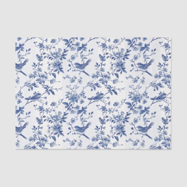 Blue Toile Floral Pattern with Birds & Stripes Tissue Paper (Front)