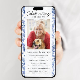 Blue Toile Floral Photo Funeral Digital Evite Invitation