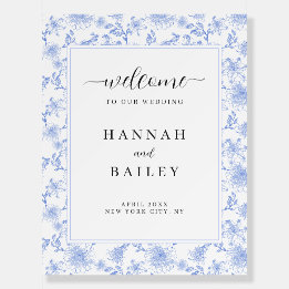 Blue Toile Floral Wedding Welcome Sign Board