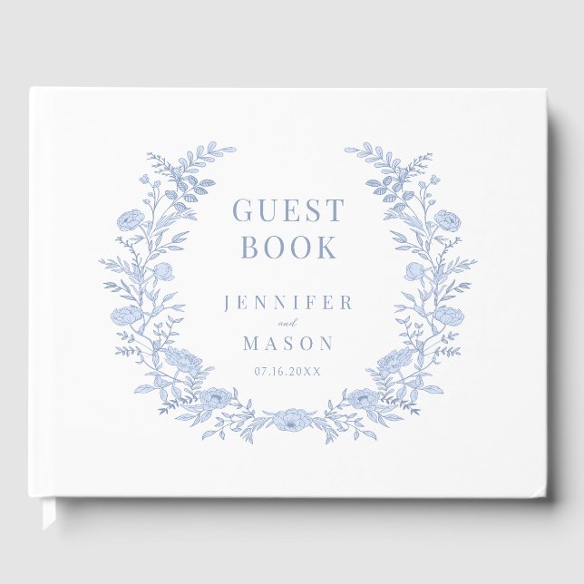 Blue Toile Floral Wreath Wedding Guest Book (Front)