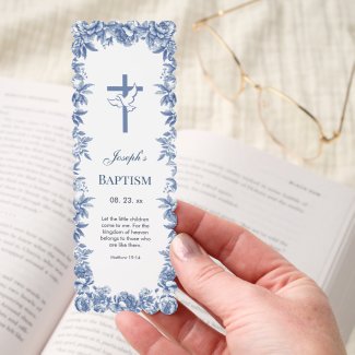 Blue Toile Flower Baptism Bookmark