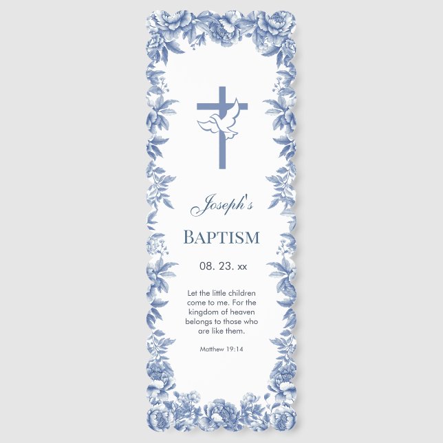 Blue Toile Flower Baptism Bookmark (Front)
