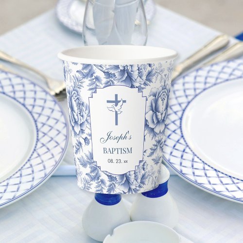 Blue Toile Flower Baptism Paper Cup