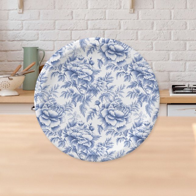 Blue Toile Flower Baptism Paper Plate (Creator Uploaded)