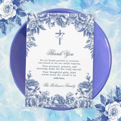 Blue Toile Flower Baptism Thank You Card 