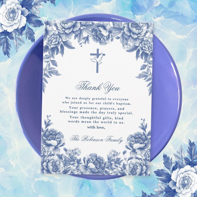 Blue Toile Flower Baptism Thank You Card  (Creator Uploaded)