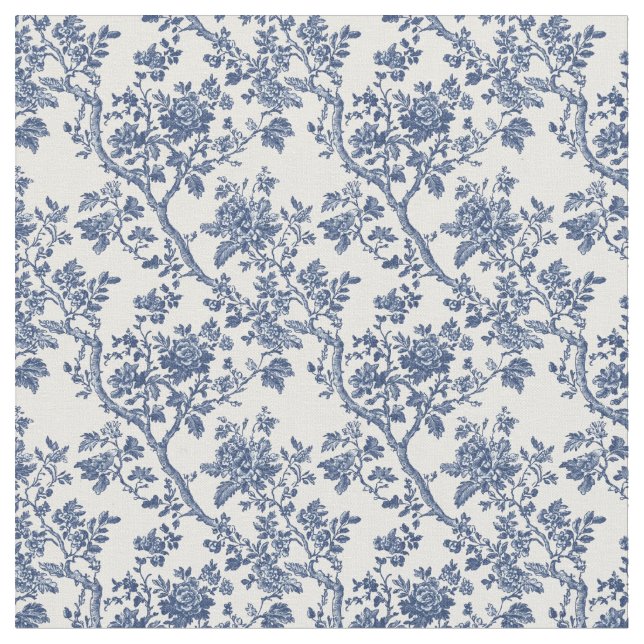 Blue Toile Flowering Branches Fabric (Close Up)