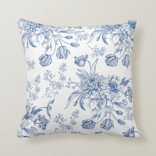 The Pillow Collection Manchineel Floral Porcelain Blue Down Filled Throw Pillow 