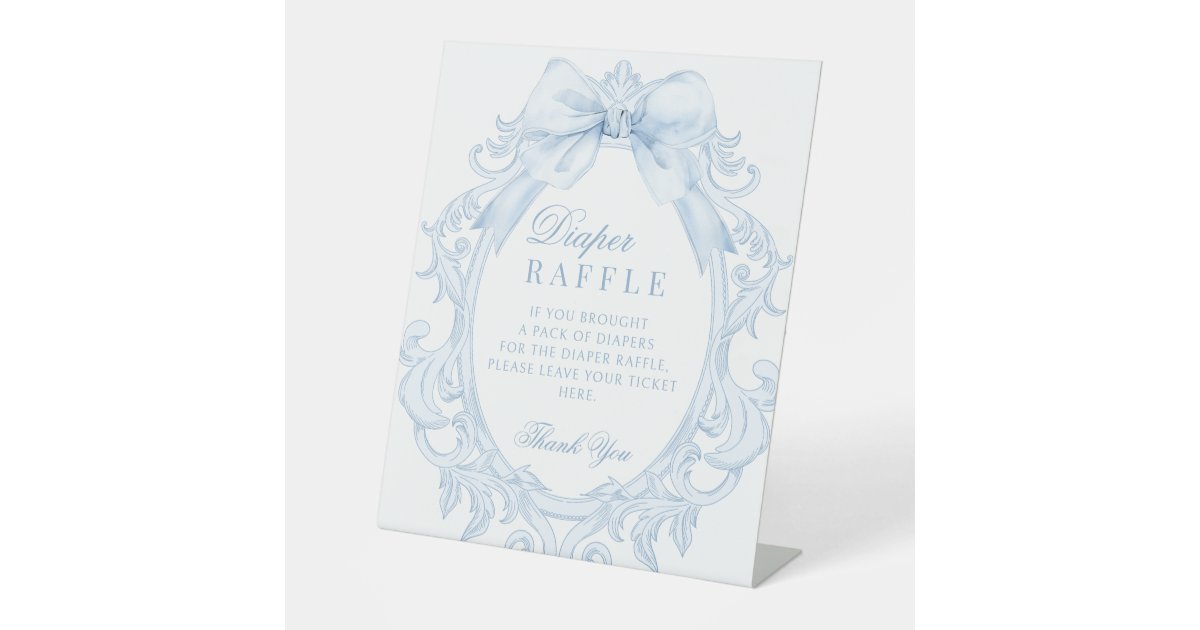 Blue Toile Frame Bow Baby Boy Shower Diaper Raffle Pedestal Sign | Zazzle