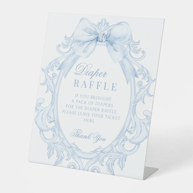 Blue Toile Frame Bow Baby Boy Shower Diaper Raffle Pedestal Sign (Front)
