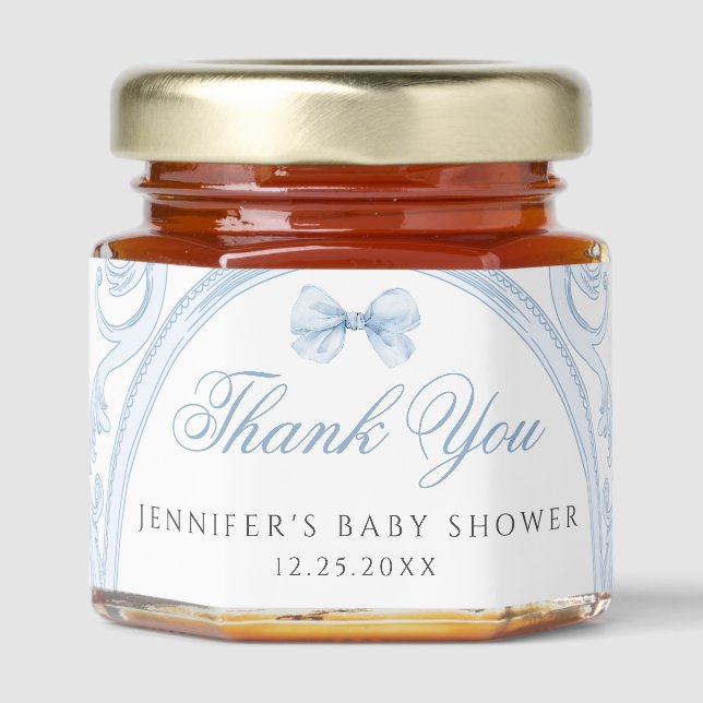 Blue Toile Frame Bow Baby Boy Shower Thank You Honey Jar Favors (Front)