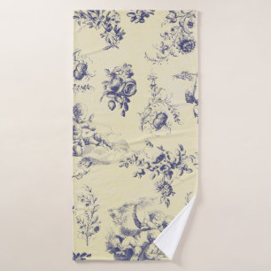 Blue Toile French Country Cherub Pattern Bath Towel