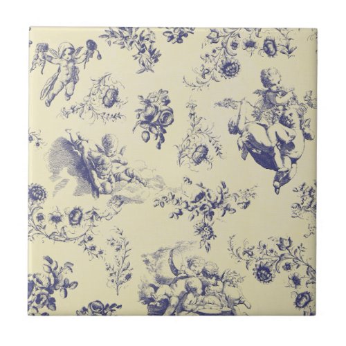 Blue Toile French Country Cherub Pattern Ceramic Tile