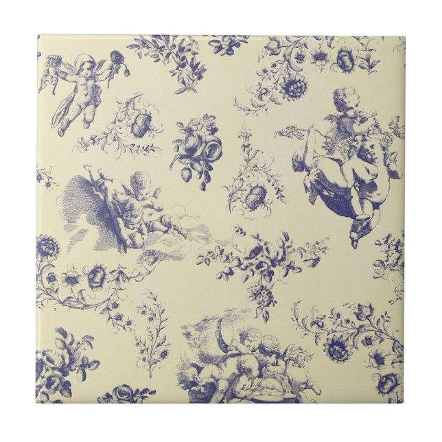 Blue Toile French Country Cherub Pattern Ceramic Tile (Front)