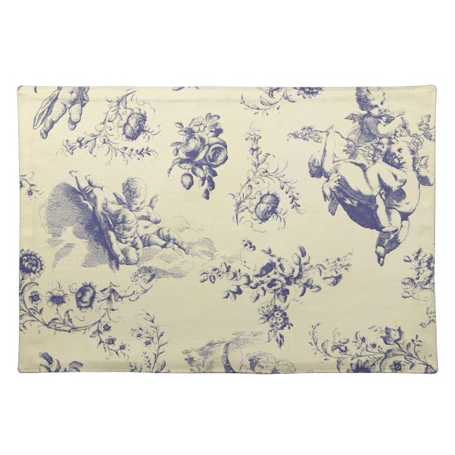 Blue Toile French Country Cherub Pattern Cloth Placemat (Front)