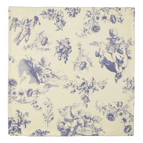 Blue Toile French Country Cherub Pattern Duvet Cover