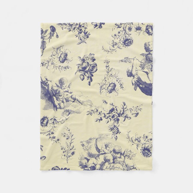 Blue Toile French Country Cherub Pattern Fleece Blanket (Front)