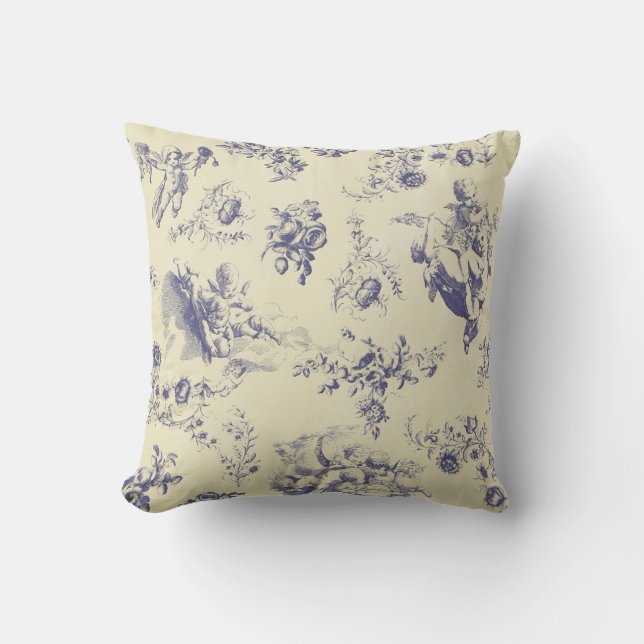 Blue Toile French Country Cherub Pattern Outdoor Pillow (Front)