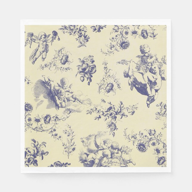 Blue Toile French Country Cherub Pattern Paper Napkins (Front)