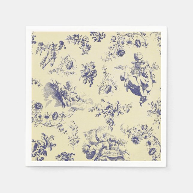 Blue Toile French Country Cherub Pattern Paper Napkins (Front)