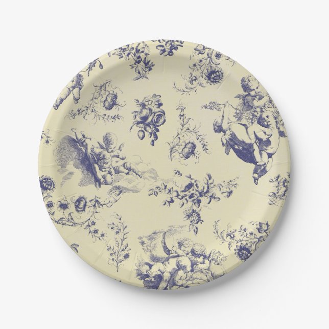 Blue Toile French Country Cherub Pattern Paper Plates (Front)