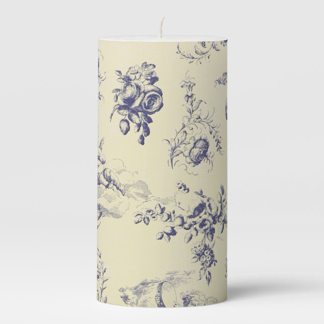 Blue Toile French Country Cherub Pattern Pillar Candle (Front)