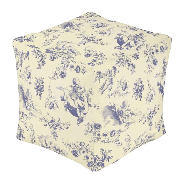 Blue Toile French Country Cherub Pattern Pouf (Angled Front)