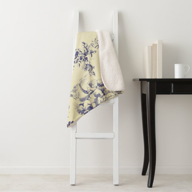 Blue Toile French Country Cherub Pattern Sherpa Blanket (In Situ)