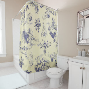 Blue Toile French Country Cherub Pattern Shower Curtain