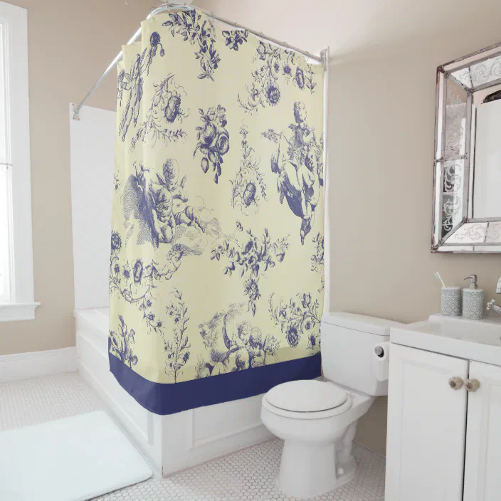 Personalized Blue Toile French Country, French Country Fabric Shower Curtains