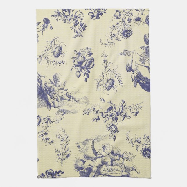 Blue Toile French Country Cherub Pattern Towel (Vertical)