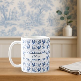Blue Toile French Country Farmhouse Chicken Mug