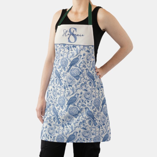 Blue Toile French Monogram Name Floral Pattern Apron (Insitu)