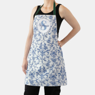 Blue Toile French Monogram Name Floral Pattern Apron