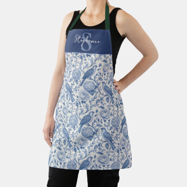 Blue Toile French Monogram Name Floral Pattern Apron (Insitu)