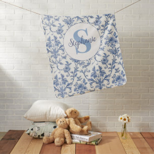 Blue Toile French Monogram Name Floral Pattern Baby Blanket