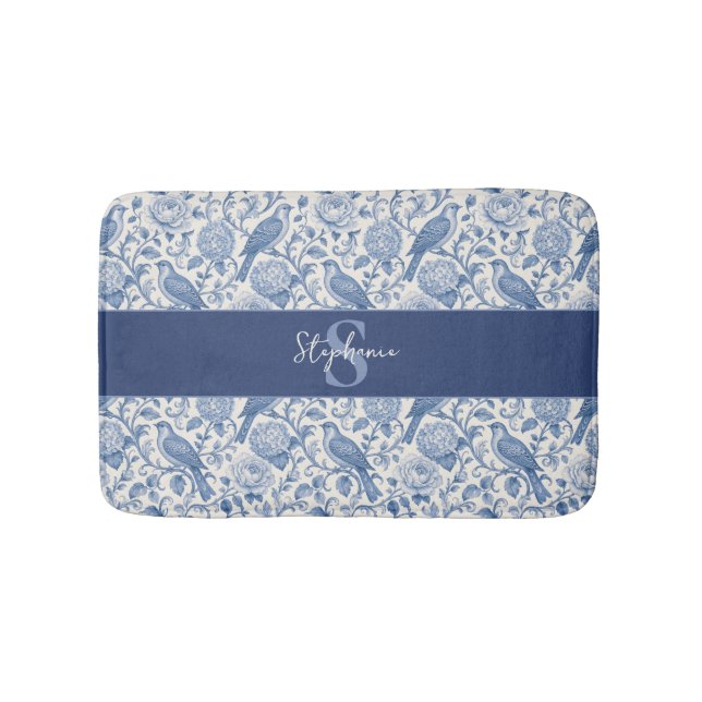 Blue Toile French Monogram Name Floral Pattern Bath Mat (Front)