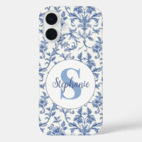 Blue Toile French Monogram Name Floral Pattern