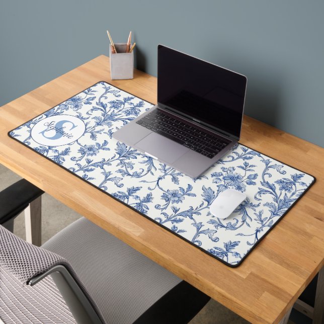 Blue Toile French Monogram Name Floral Pattern Desk Mat (Office 2)