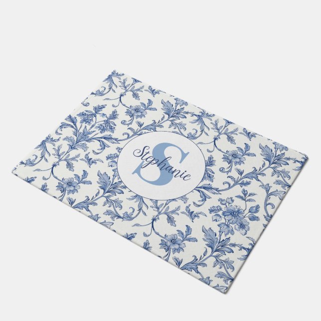 Blue Toile French Monogram Name Floral Pattern Doormat (Angled)