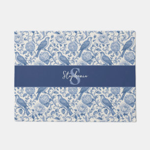 Blue Toile French Monogram Name Floral Pattern Doormat