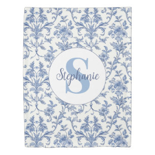 Blue Toile French Monogram Name Floral Pattern Duvet Cover