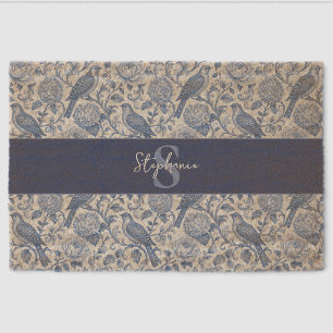 Blue Toile French Monogram Name Floral Pattern Fiber Doormat