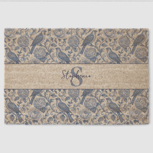 Blue Toile French Monogram Name Floral Pattern Fiber Doormat